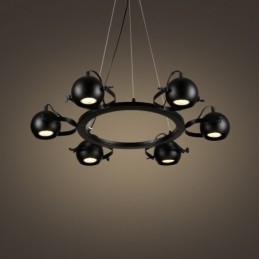 Lámpara colgante retro vintage de hierro negro de 6 luces con pantallas esféricas de hierro negro