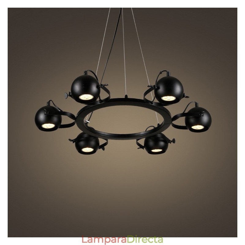 Lámpara colgante retro vintage de hierro negro de 6 luces con pantallas esféricas de hierro negro