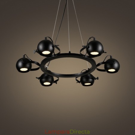 Lámpara colgante retro vintage de hierro negro de 6 luces con pantallas esféricas de hierro negro Lámpara colgante retro vintage de hierro negro de 6 luces con pantallas esféricas de hierro negro
