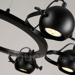 Lámpara colgante retro vintage de hierro negro de 6 luces con pantallas esféricas de hierro negro