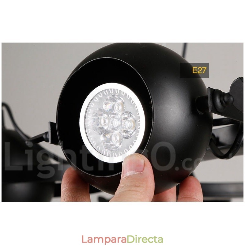 Lámpara colgante retro vintage de hierro negro de 6 luces con pantallas esféricas de hierro negro