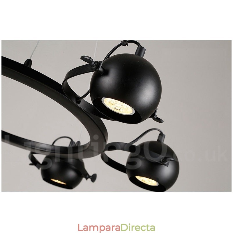 Lámpara colgante retro vintage de hierro negro de 6 luces con pantallas esféricas de hierro negro