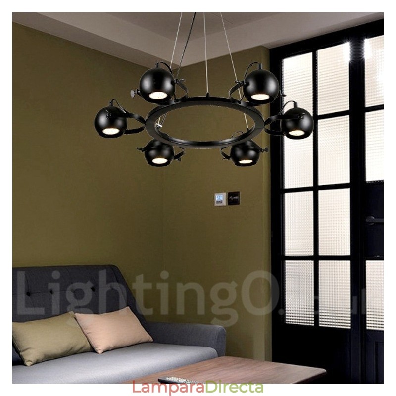 Lámpara colgante retro vintage de hierro negro de 6 luces con pantallas esféricas de hierro negro