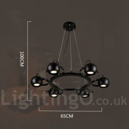 Lámpara colgante retro vintage de hierro negro de 6 luces con pantallas esféricas de hierro negro