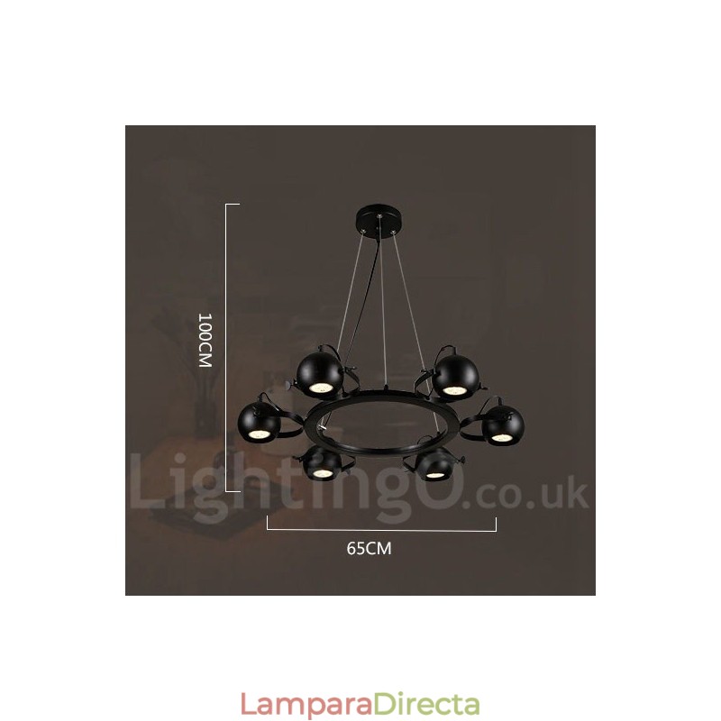 Lámpara colgante retro vintage de hierro negro de 6 luces con pantallas esféricas de hierro negro
