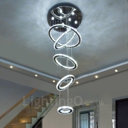 Lámpara colgante de techo de cristal moderna con 5 anillos, regulable, Wi-Fi, inteligente, tres colores de fuente de luz, lámpara de araña para interiores