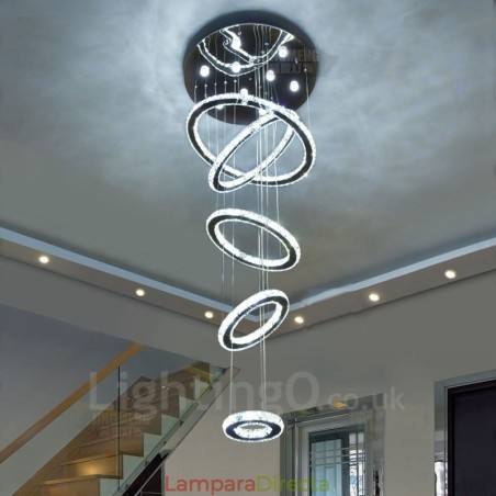 Lámpara colgante de techo de cristal moderna con 5 anillos, regulable, Wi-Fi, inteligente, tres colores de fuente de luz, lámpara de araña para interiores Lámpara colgante de techo de cristal moderna con 5 anillos, regulable, Wi-Fi, inteligente, tres colores de fuente de luz, lámpara de araña para interiores