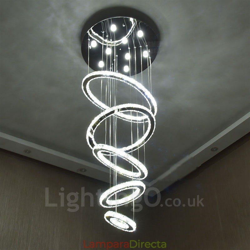 Lámpara colgante de techo de cristal moderna con 5 anillos, regulable, Wi-Fi, inteligente, tres colores de fuente de luz, lámpara de araña para interiores