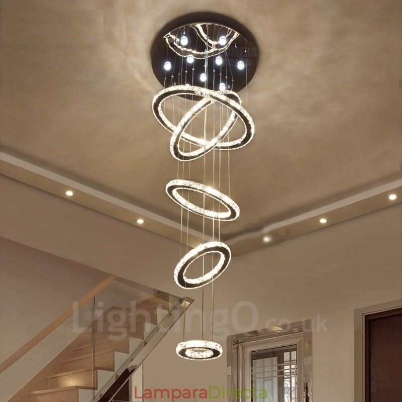 Lámpara colgante de techo de cristal moderna con 5 anillos, regulable, Wi-Fi, inteligente, tres colores de fuente de luz, lámpara de araña para interiores
