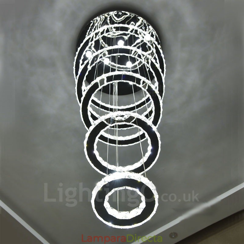 Lámpara colgante de techo de cristal moderna con 5 anillos, regulable, Wi-Fi, inteligente, tres colores de fuente de luz, lámpara de araña para interiores