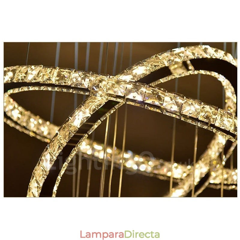 Lámpara colgante de techo de cristal moderna con 5 anillos, regulable, Wi-Fi, inteligente, tres colores de fuente de luz, lámpara de araña para interiores