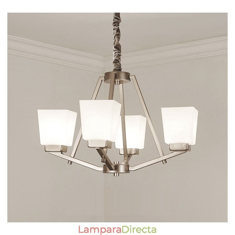 Lámpara colgante cromada de 4 luces para interiores, moderna, con pantallas de vidrio.
