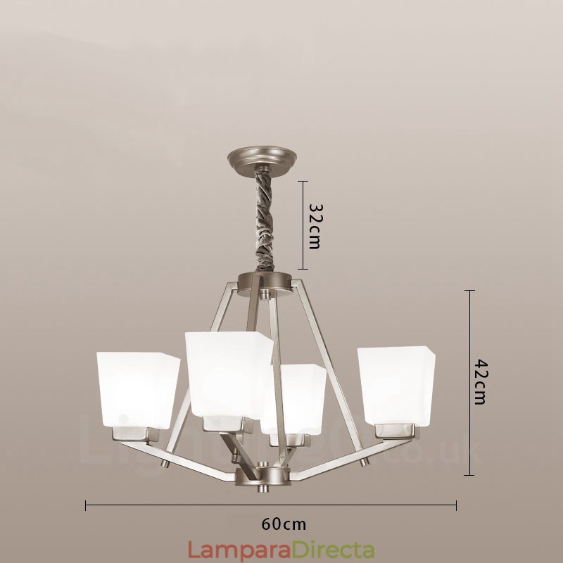 Lámpara colgante cromada de 4 luces para interiores, moderna, con pantallas de vidrio.
