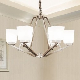 Lámpara colgante cromada de 6 luces para interiores, moderna, con pantallas de vidrio.