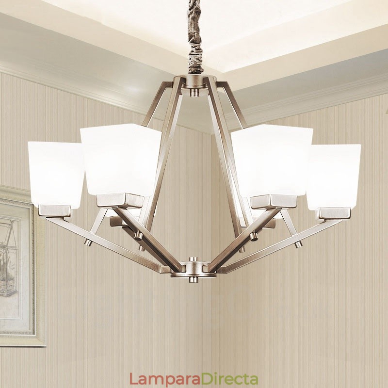 Lámpara colgante cromada de 6 luces para interiores, moderna, con pantallas de vidrio.