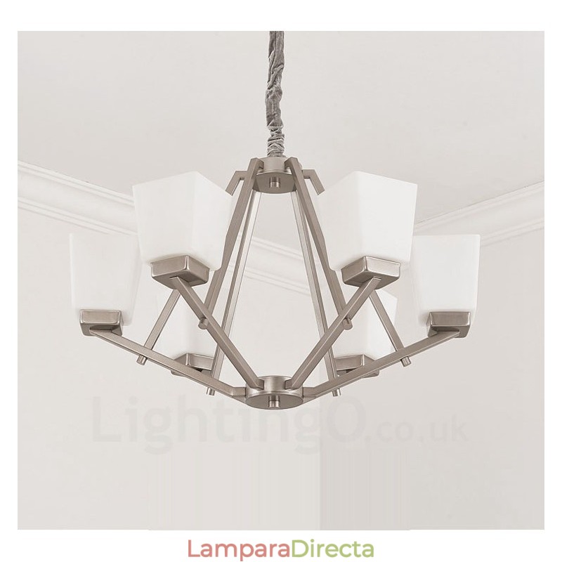Lámpara colgante cromada de 6 luces para interiores, moderna, con pantallas de vidrio.