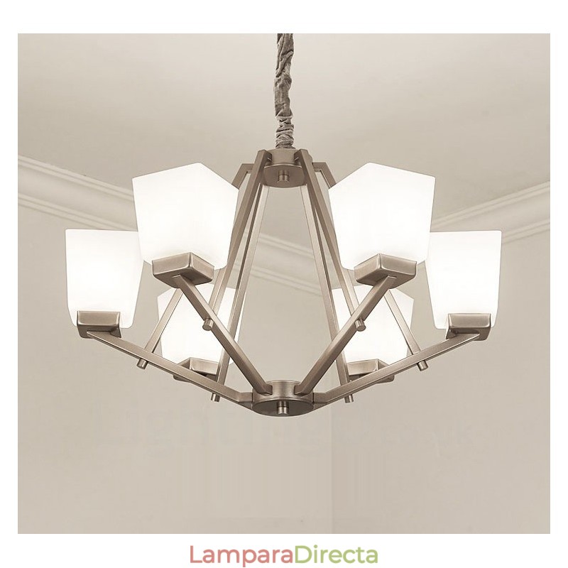 Lámpara colgante cromada de 6 luces para interiores, moderna, con pantallas de vidrio.