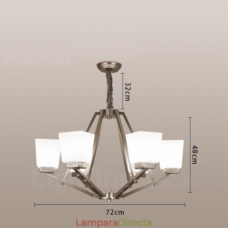Lámpara colgante cromada de 6 luces para interiores, moderna, con pantallas de vidrio.