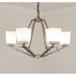 Lámpara colgante cromada de 6 luces para interiores, moderna, con pantallas de vidrio.
