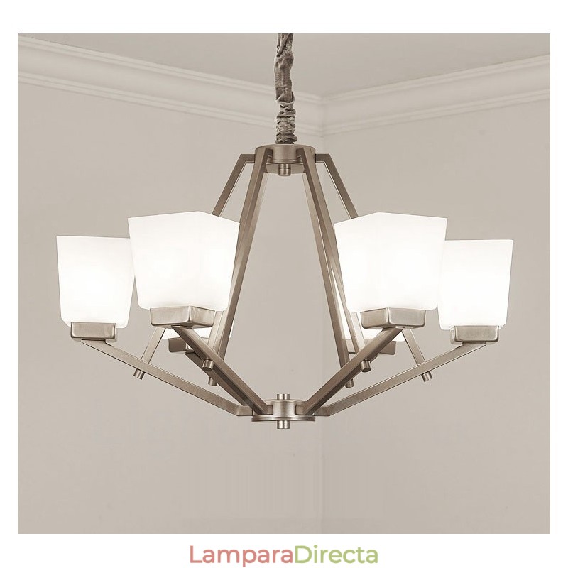 Lámpara colgante cromada de 6 luces para interiores, moderna, con pantallas de vidrio.