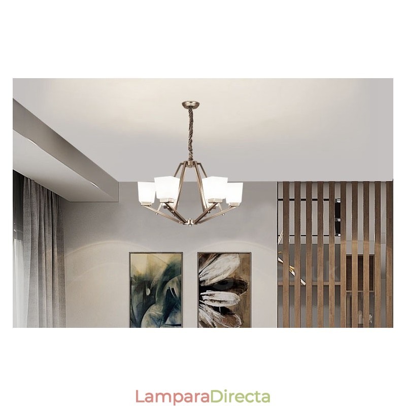 Lámpara colgante cromada de 6 luces para interiores, moderna, con pantallas de vidrio.