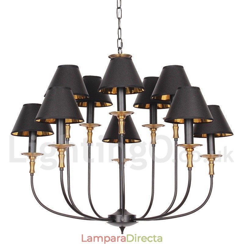 Lámpara de araña grande estilo vela de dos niveles, estilo retro, color negro