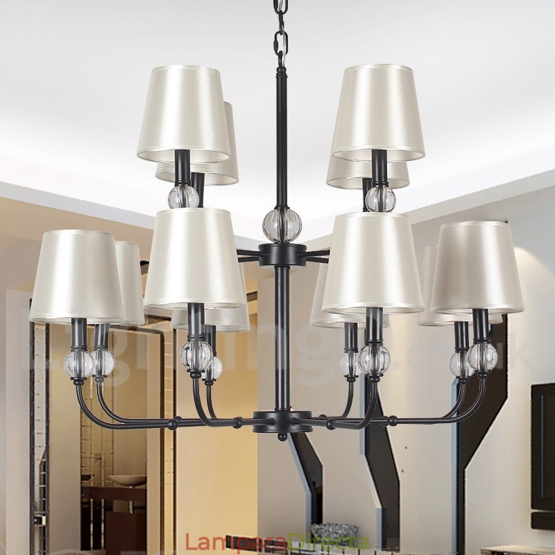 Lámpara de araña contemporánea estilo vela negra grande de 12 luces, estilo retro de 2 niveles