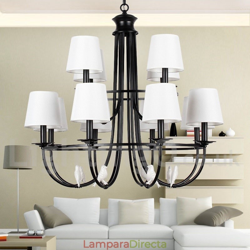 Lámpara de araña grande estilo vela, estilo rústico retro, color negro, de 12 luces y 2 niveles