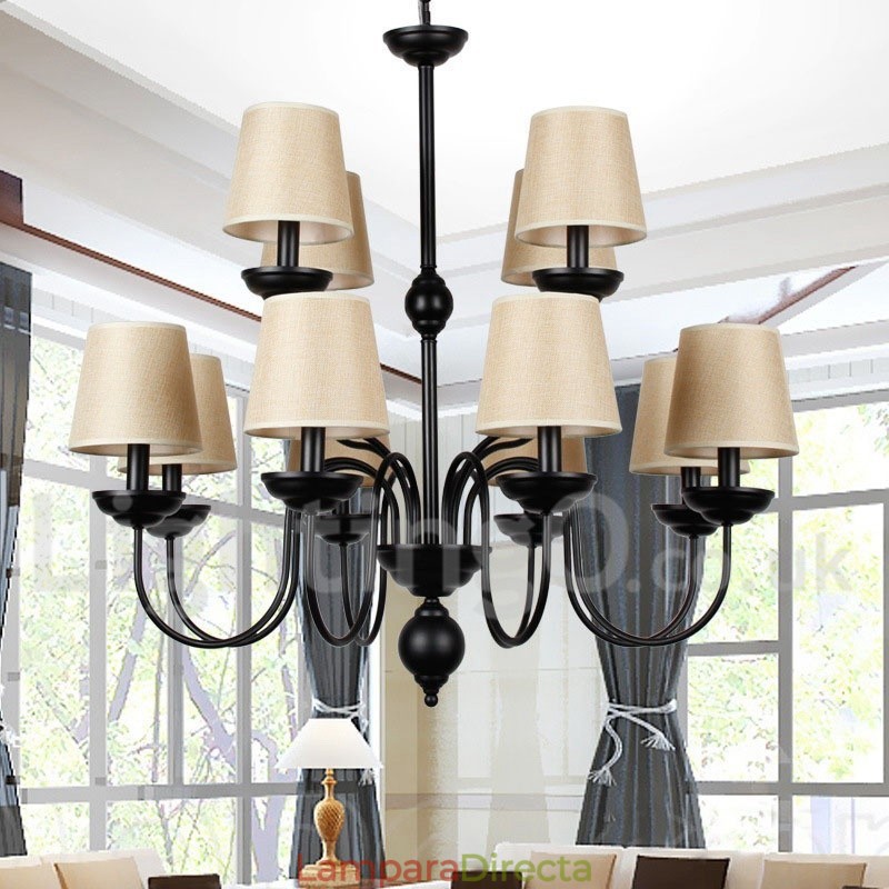 Lámpara de araña grande estilo vela, estilo rústico retro, color negro, de 12 luces y 2 niveles