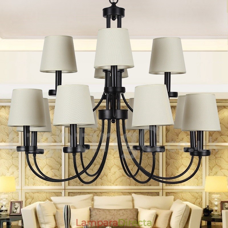 Lámpara de araña grande estilo vela, estilo rústico retro, color negro, de 12 luces y 2 niveles