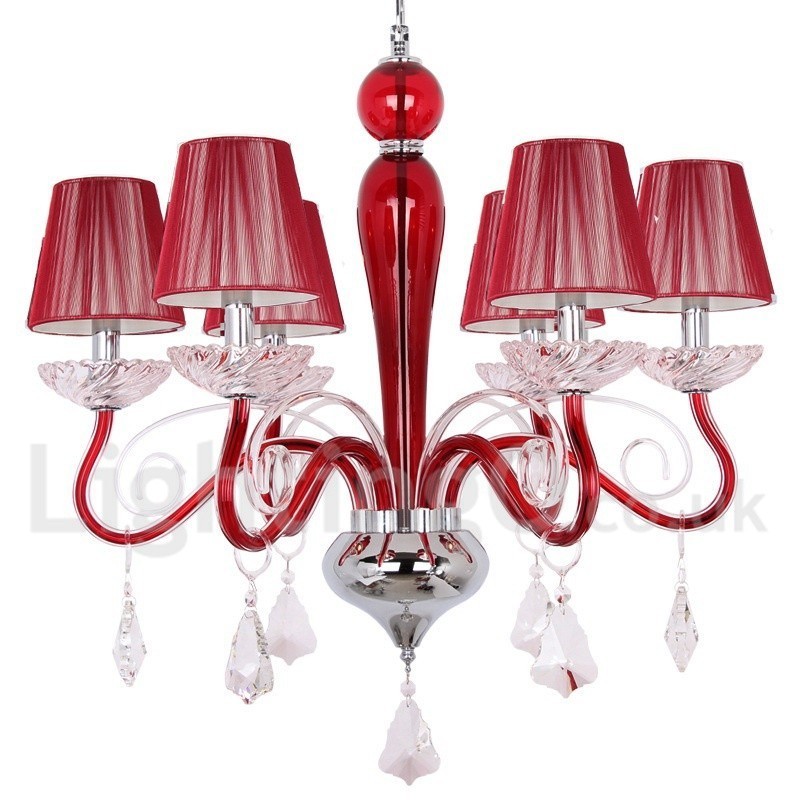 Lámpara de araña contemporánea de cristal K9 de 6 luces rojas estilo vela