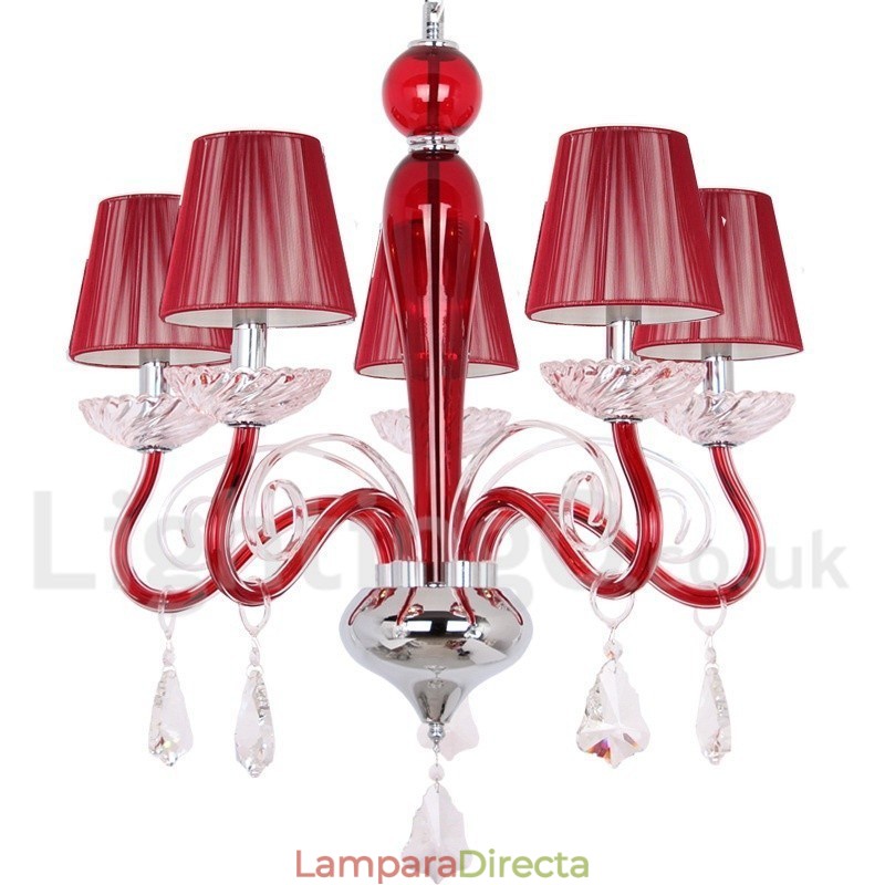 Lámpara de araña contemporánea de cristal K9 de 5 luces rojas estilo vela