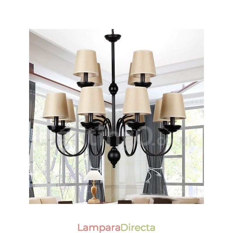 Lámpara de araña rústica de 12 luces y 2 niveles, estilo retro contemporáneo