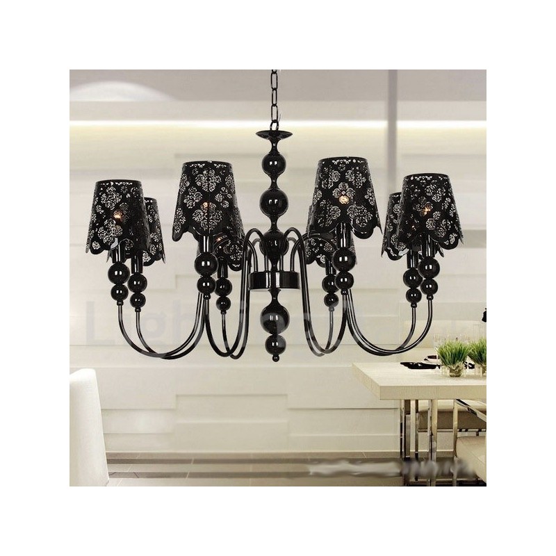 Lámpara de araña moderna contemporánea de 8 luces, estilo vela hueca negra