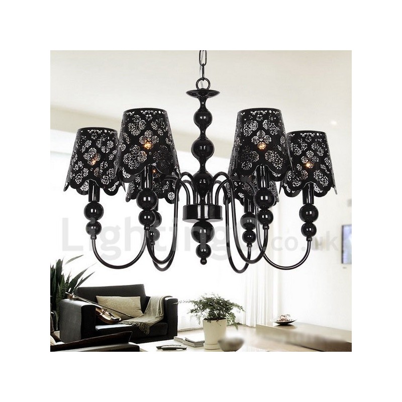 Lámpara de araña moderna contemporánea de 6 luces, estilo vela hueca negra