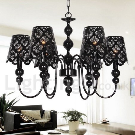 Lámpara de araña moderna contemporánea de 6 luces, estilo vela hueca negra Lámpara de araña moderna contemporánea de 6 luces, estilo vela hueca negra