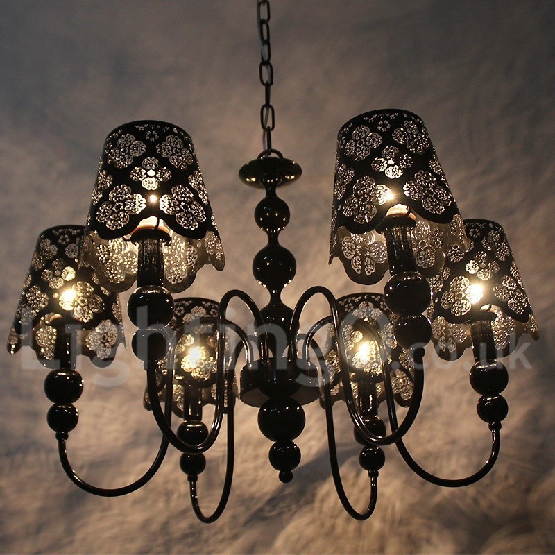 Lámpara de araña moderna contemporánea de 6 luces, estilo vela hueca negra