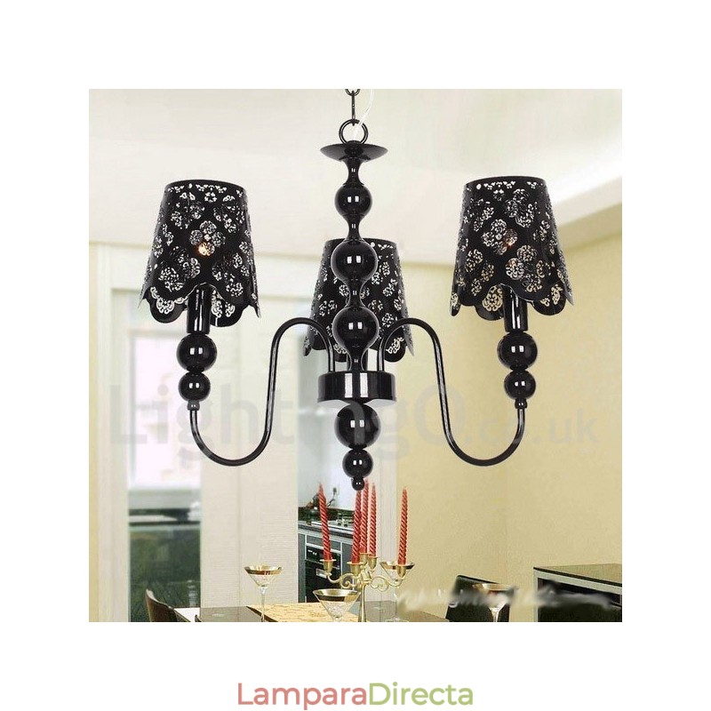 Lámpara de araña moderna contemporánea de 3 luces con diseño de vela hueca negra