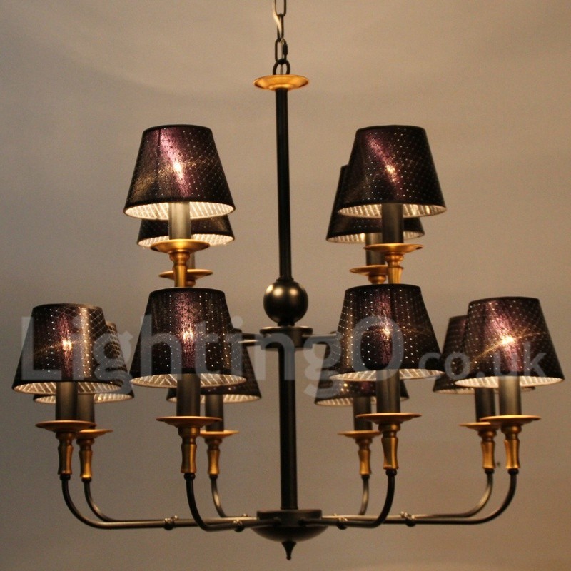 Lámpara de araña estilo vela rústica retro de 12 luces y 2 niveles