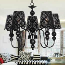Lámpara de araña moderna contemporánea de 5 luces, estilo vela hueca negra