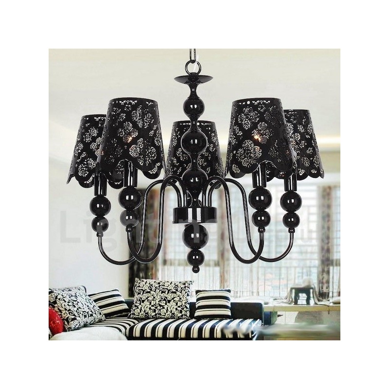 Lámpara de araña moderna contemporánea de 5 luces, estilo vela hueca negra