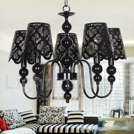 Lámpara de araña moderna contemporánea de 5 luces, estilo vela hueca negra Lámpara de araña moderna contemporánea de 5 luces, estilo vela hueca negra