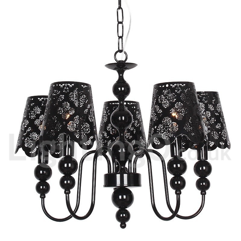 Lámpara de araña moderna contemporánea de 5 luces, estilo vela hueca negra