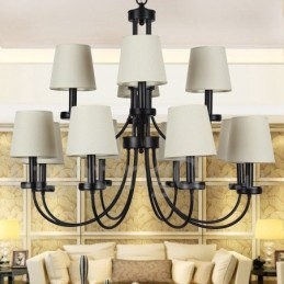 Lámpara de araña estilo vela negra de 12 luces, estilo retro contemporáneo y dos niveles