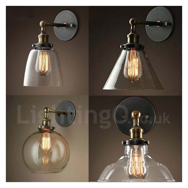 Aplique de pared rústico para dormitorio de 1 luz con pantalla de vidrio
