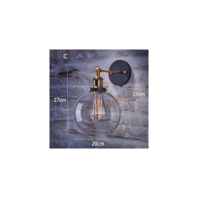 Aplique de pared rústico para dormitorio de 1 luz con pantalla de vidrio