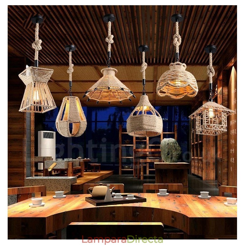 Lámpara colgante rústica tipo cabaña de 1 luz con cuerda de cáñamo para cafetería