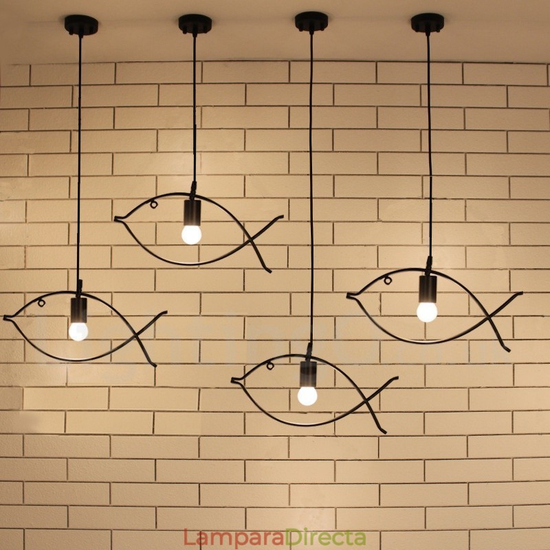 Lámpara colgante rústica estilo retro con forma de pez y pantalla de acero, de 1 luz