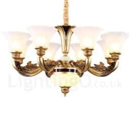 Lámpara de araña de lujo tradicional retro de 8 luces para vestíbulo con pantalla de cristal