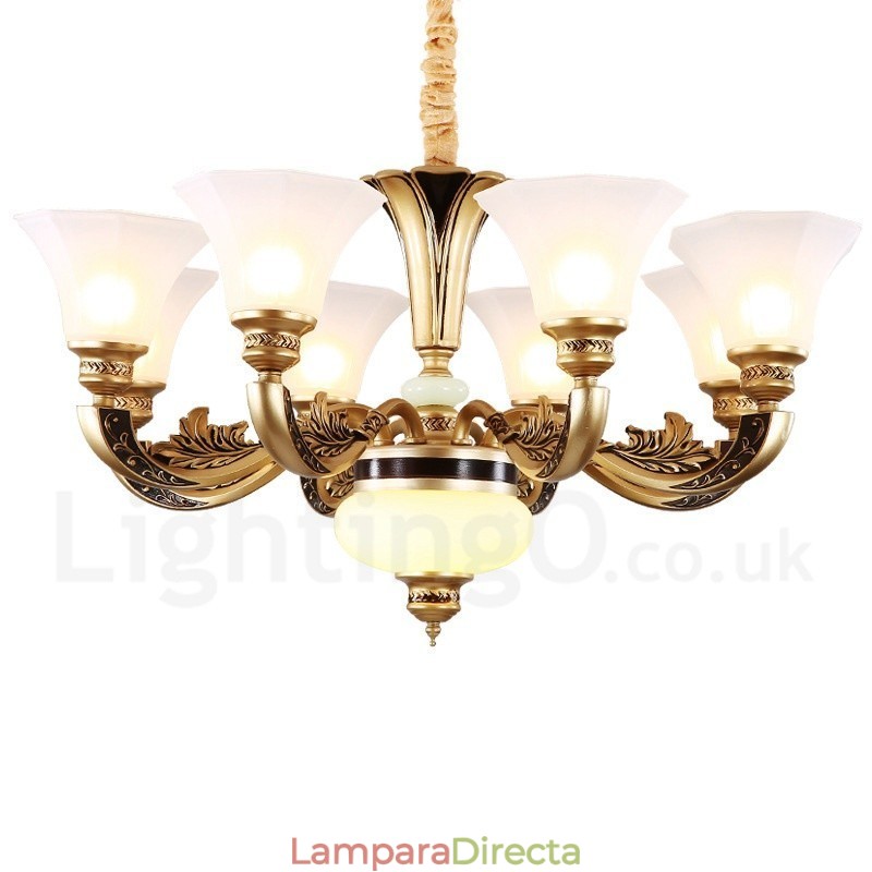 Lámpara de araña de lujo tradicional retro de 8 luces para vestíbulo con pantalla de cristal